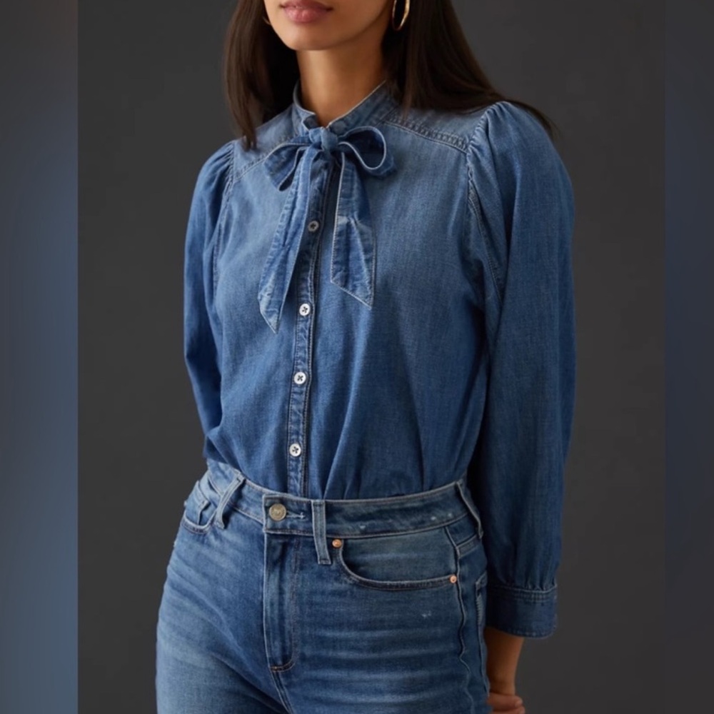 Anthropologie Pilcro Denim Tie Neck Button Up Shirt XSP